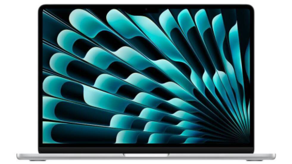 front view of the MacBook Air with blue and black graphics on screen